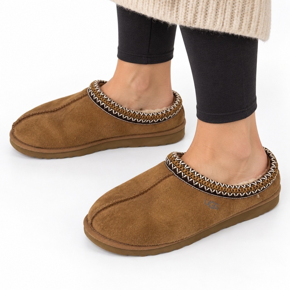 UGG Tasman Slippers Women Size 6 Chestnut Suede Sheepskin Braid Slip On 5955